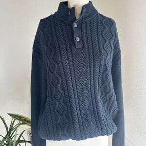 Chaps Men’s XL Sweater Black Cotton Cable Knit Sweater, 1/4 Button Pullover